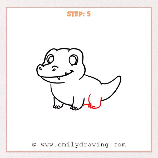 how to draw a cartoon alligator - Cartoon alligator with a new back leg added near the tail, including three rounded toes and a short connecting line along the belly underside.